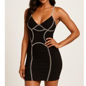 SKY Black Bodycon Mini Dress – Rhinestone Chain Strap - Medium